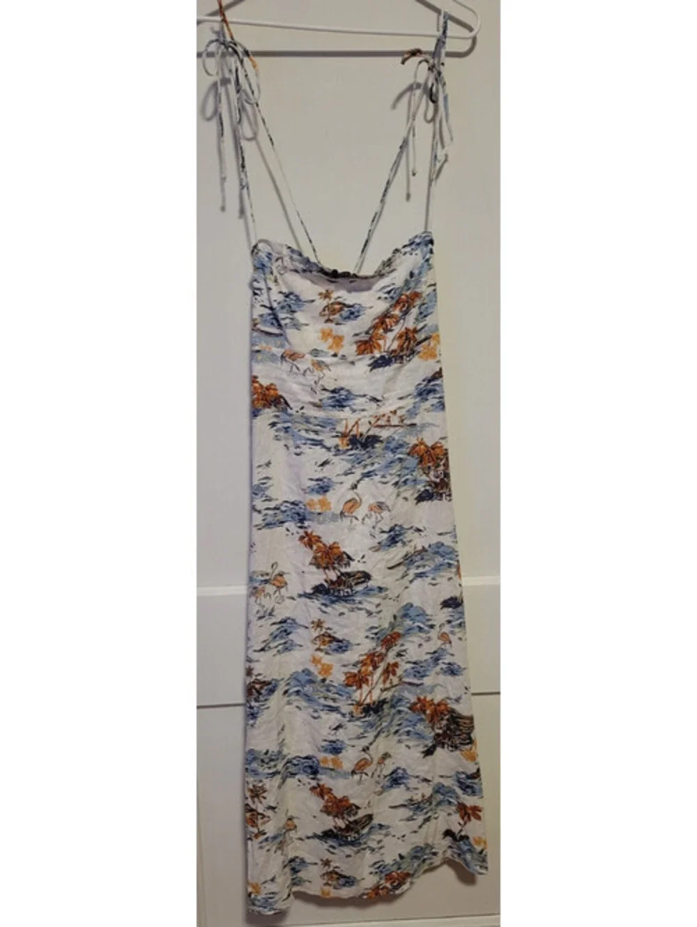 Free People Beach Flowy Midi Dress White Boho Strappy Hawaiian Size 10 Linen